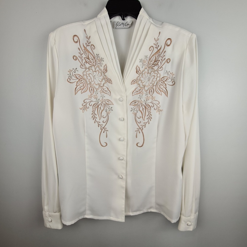 Cathy Cho Vintage Ivory Floral Embroidered Pleated V-Neck Blouse Size 14 Chic